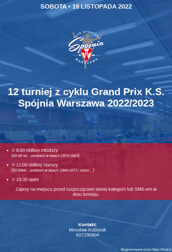 Plakat turnieju 12  turniej z cyklu Grand Prix K.S. Spójnia Warszawa 2022/2023