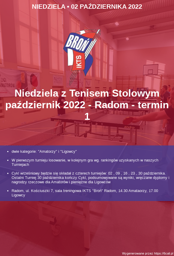 Plakat turnieju Niedziela z Tenisem Stolowym październik 2022 - Radom -  termin 1