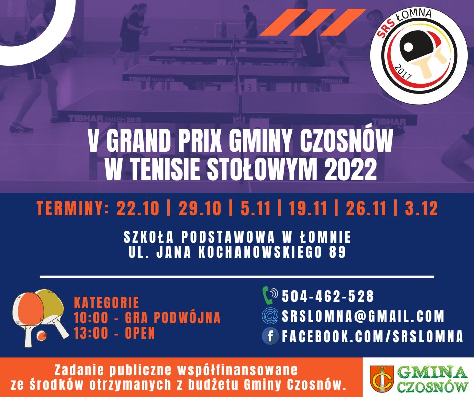 Plakat turnieju V Grand Prix Gminy Czosnów w tenisie stołowym 2022 - termin 2