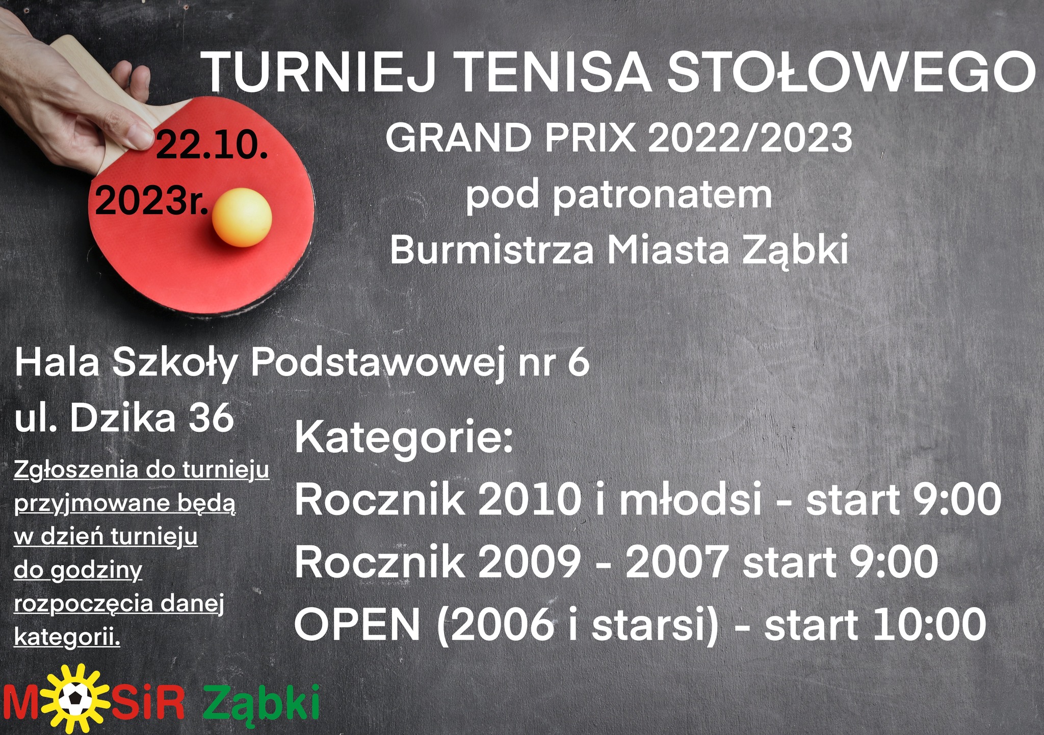 Plakat turnieju Grand Prix’2022/2023 w tenisie stołowym pod patronatem Burmistrza Miasta Ząbki - termin 1