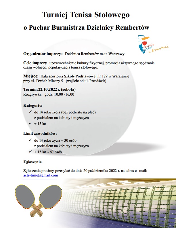 Plakat turnieju Turniej Tenisa Stołowego o Puchar Burmistrza Dzielnicy Rembertów 2022