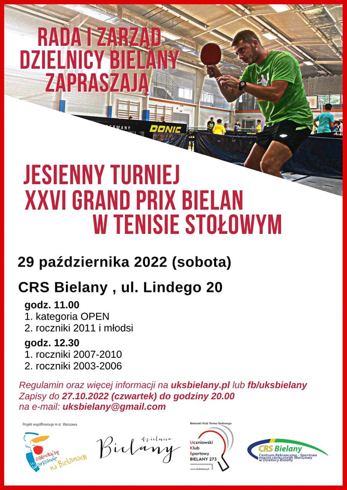 Plakat turnieju Jesienny Turniej XXVI Grand Prix Bielan w Tenisie Stołowym -  2022