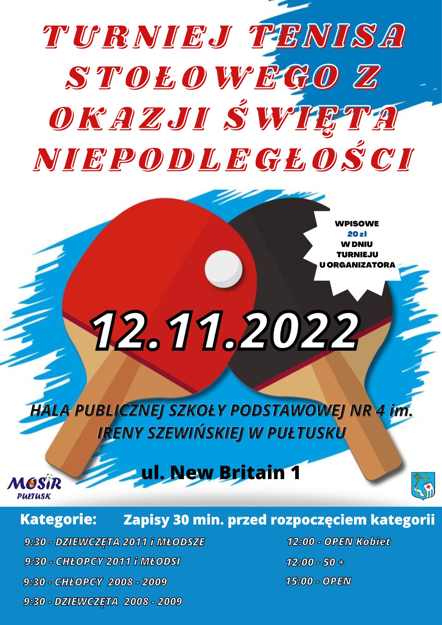 Plakat turnieju Turniej Tenisa Stołowego z Okazji Święta Niepodległości 2022