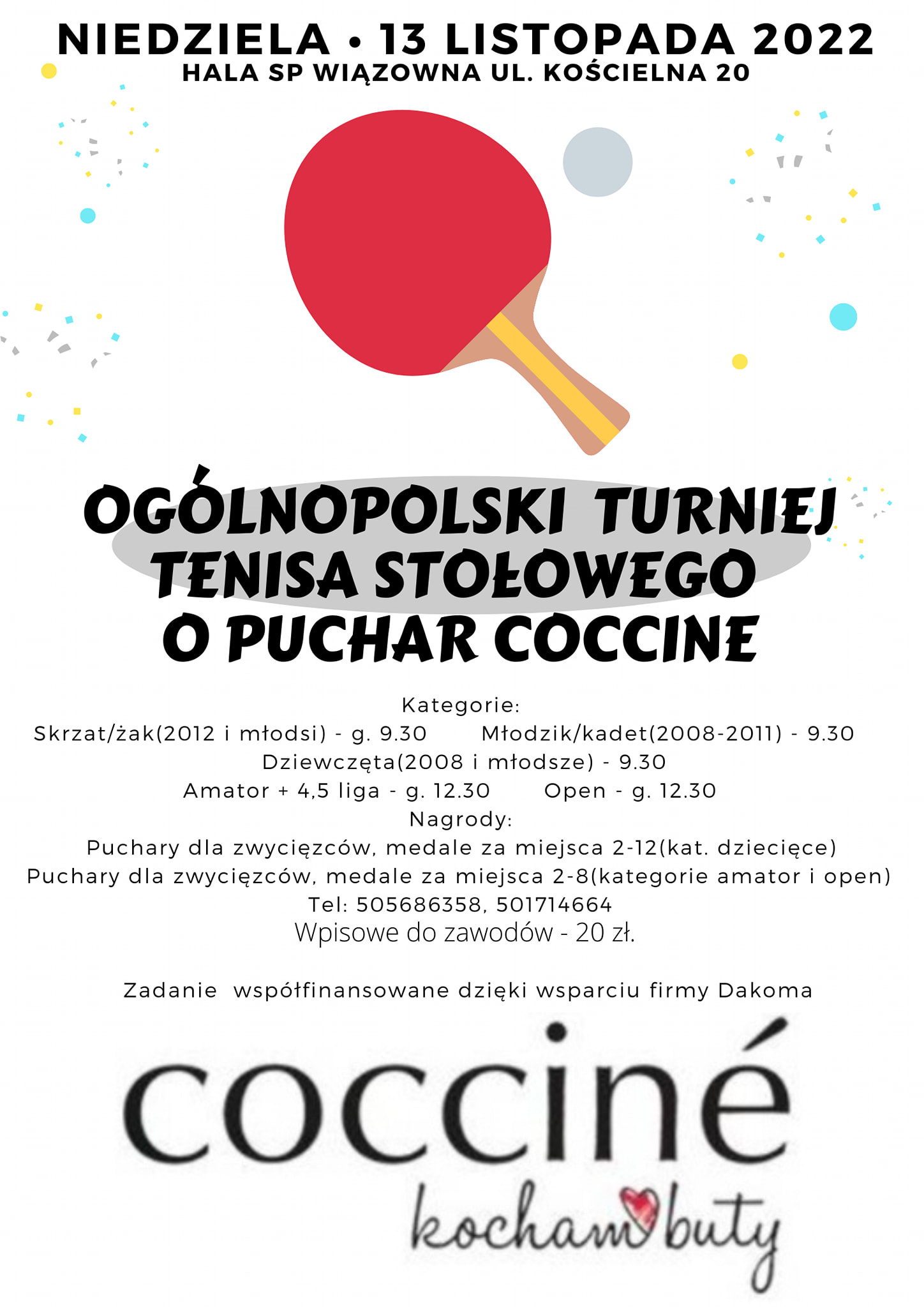 Plakat turnieju Ogólnopolski Turniej Tenisa Stołowego o puchar Coccine