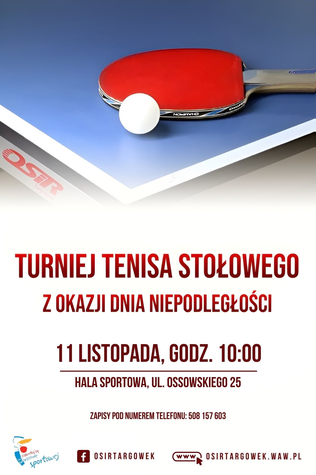 Plakat turnieju Turniej tenisa stołowego z okazji Dnia Niepodległości 2022