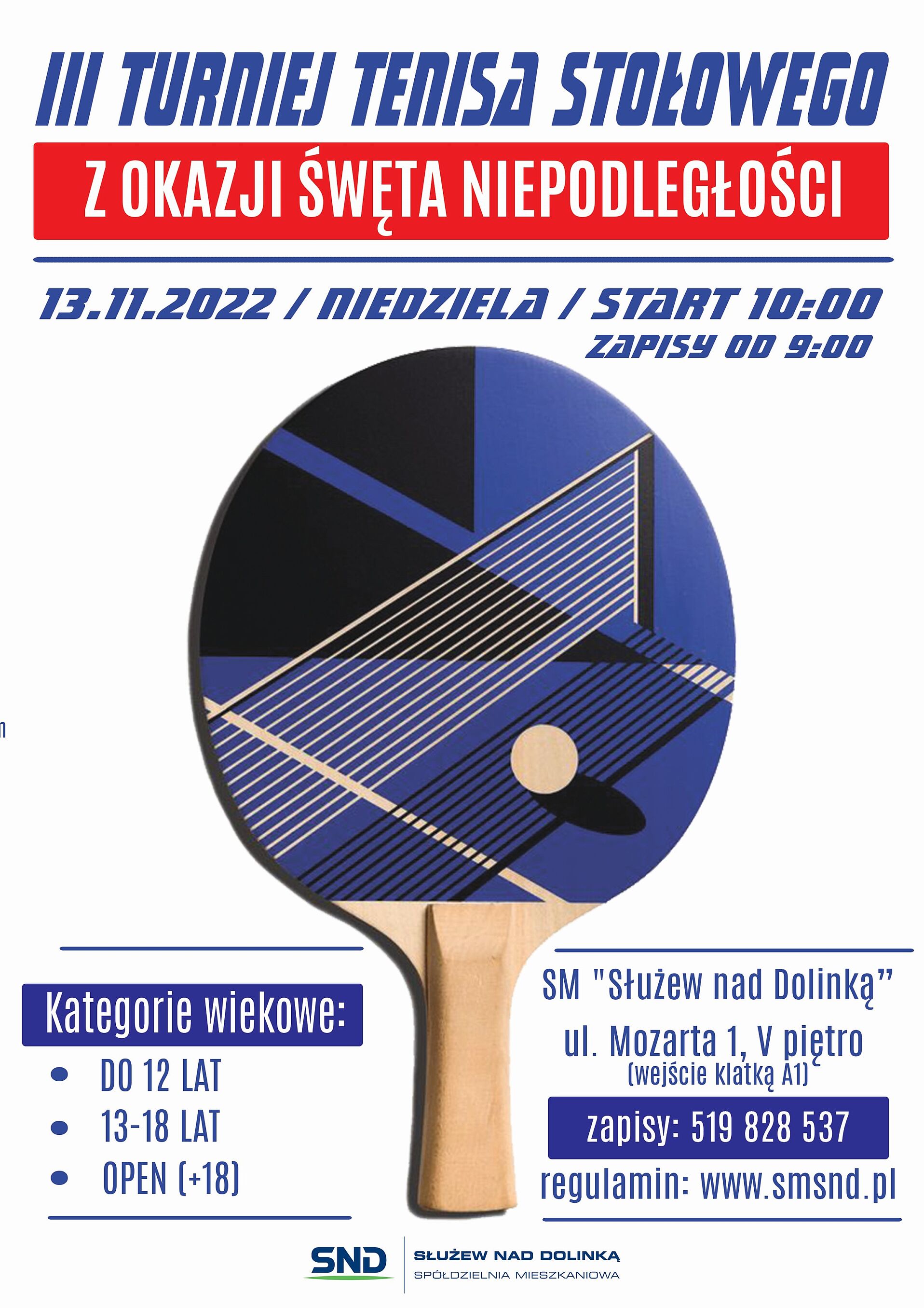 Plakat turnieju Turniej Tenisa Stołowego z okazji Święta Odzyskania Niepodległości 2022