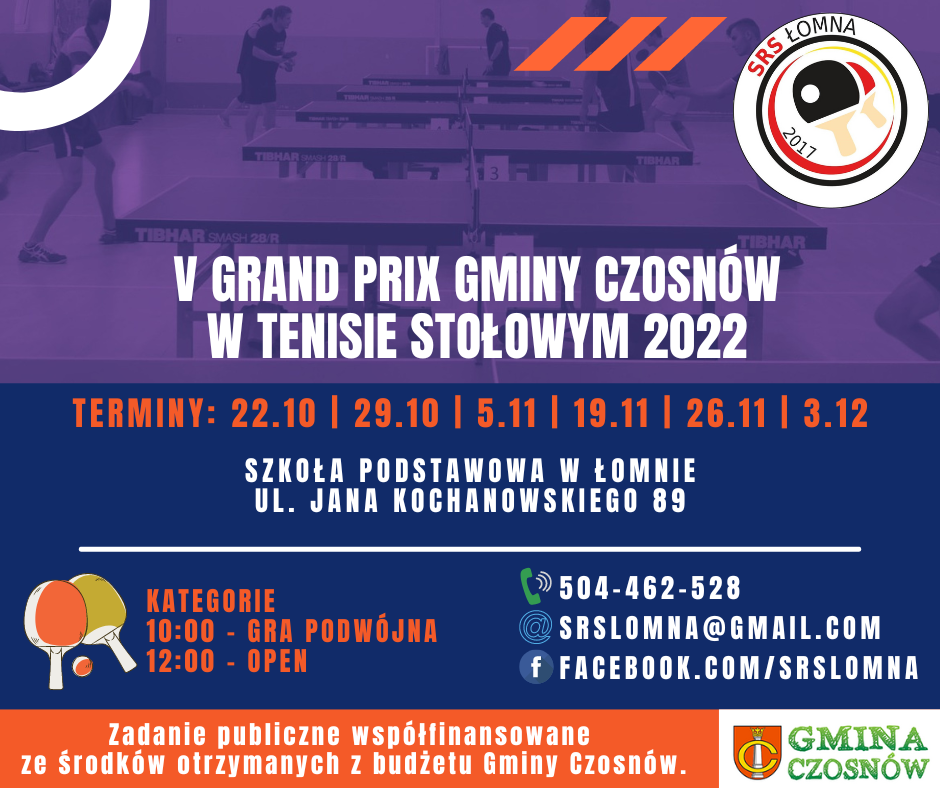 Plakat turnieju V Grand Prix Gminy Czosnów w tenisie stołowym 2022 - termin 4