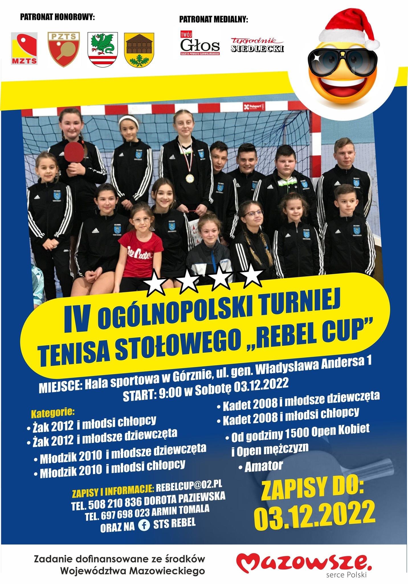 Plakat turnieju IV OGÓLNOPOLSKI Turniej Tenisa Stołowego "REBEL CUP" 2022