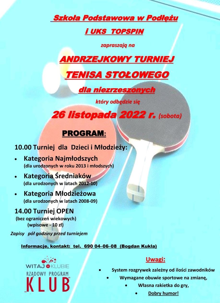 Plakat turnieju Andrzejkowy turniej tenisa stołowego dla niezrzeszonych w Podłężu 2022