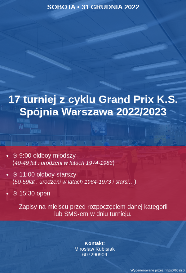 Plakat turnieju 17  turniej z cyklu Grand Prix K.S. Spójnia Warszawa 2022/2023