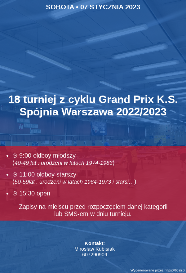 Plakat turnieju 18  turniej z cyklu Grand Prix K.S. Spójnia Warszawa 2022/2023