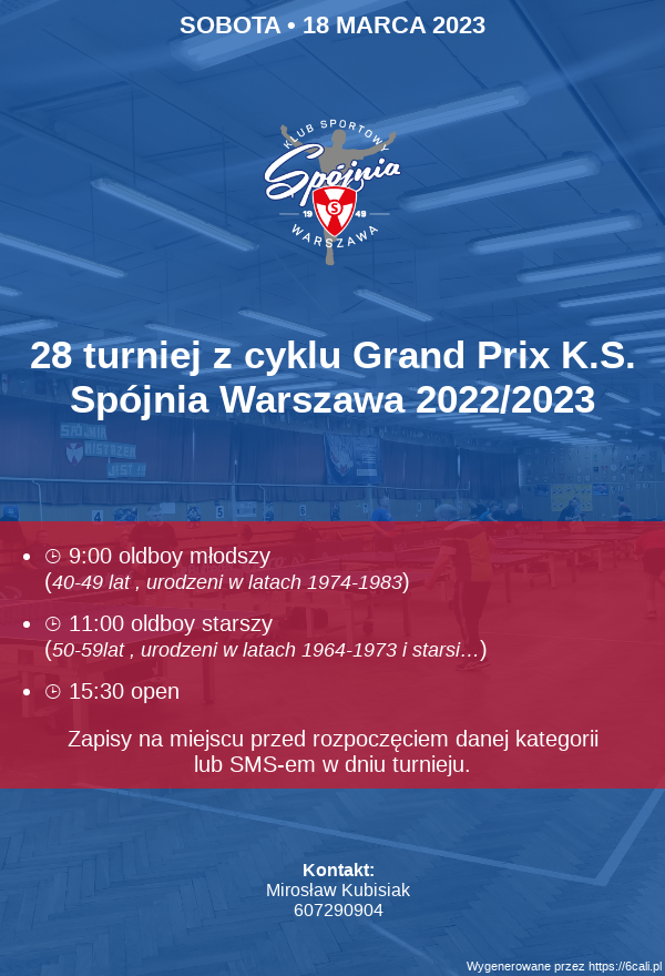 Plakat turnieju 28 turniej z cyklu Grand Prix K.S. Spójnia Warszawa 2022/2023