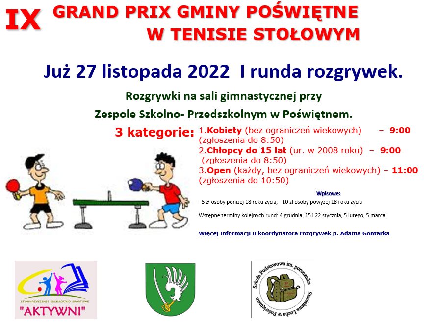 Plakat turnieju IX Grand Prix Poświętne w tenisie stołowym 2022/2023- I runda