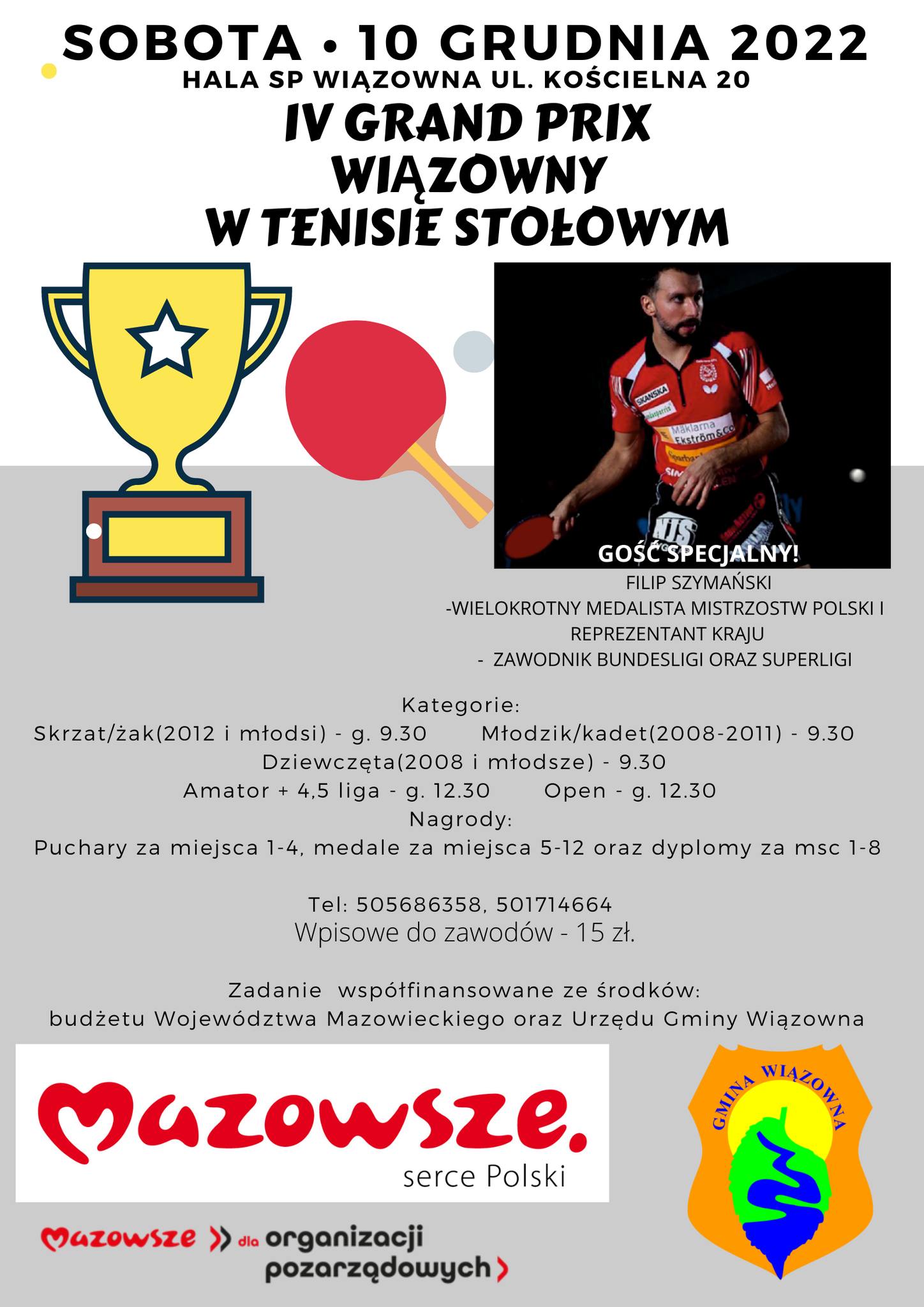 Plakat turnieju IV Turniej Grand Prix Wiązowny w Tenisie Stołowym w nowym sezonie 2022/2023 - grudzień