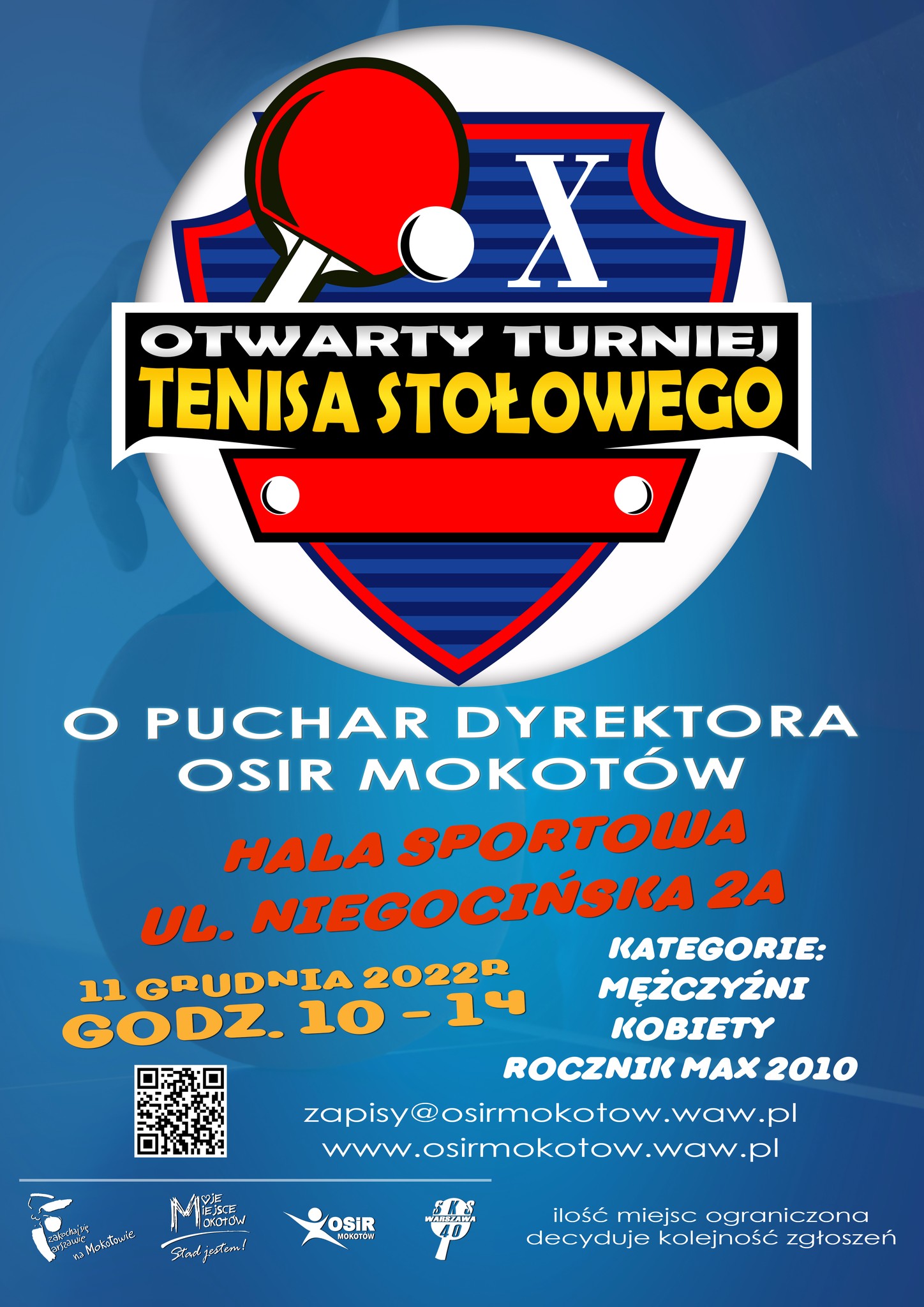 Plakat turnieju X Otwarty Turniej Tenisa Stołowego o Puchar Dyrektora OSiR Mokotów  2022-12-11
