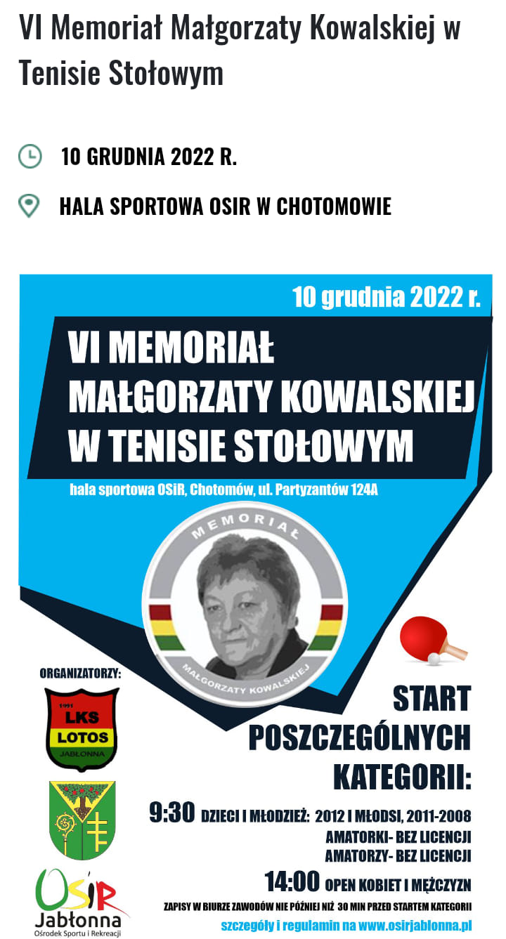 Plakat turnieju VI Memoriału Małgorzaty Kowalskiej w tenisie stołowym 2022