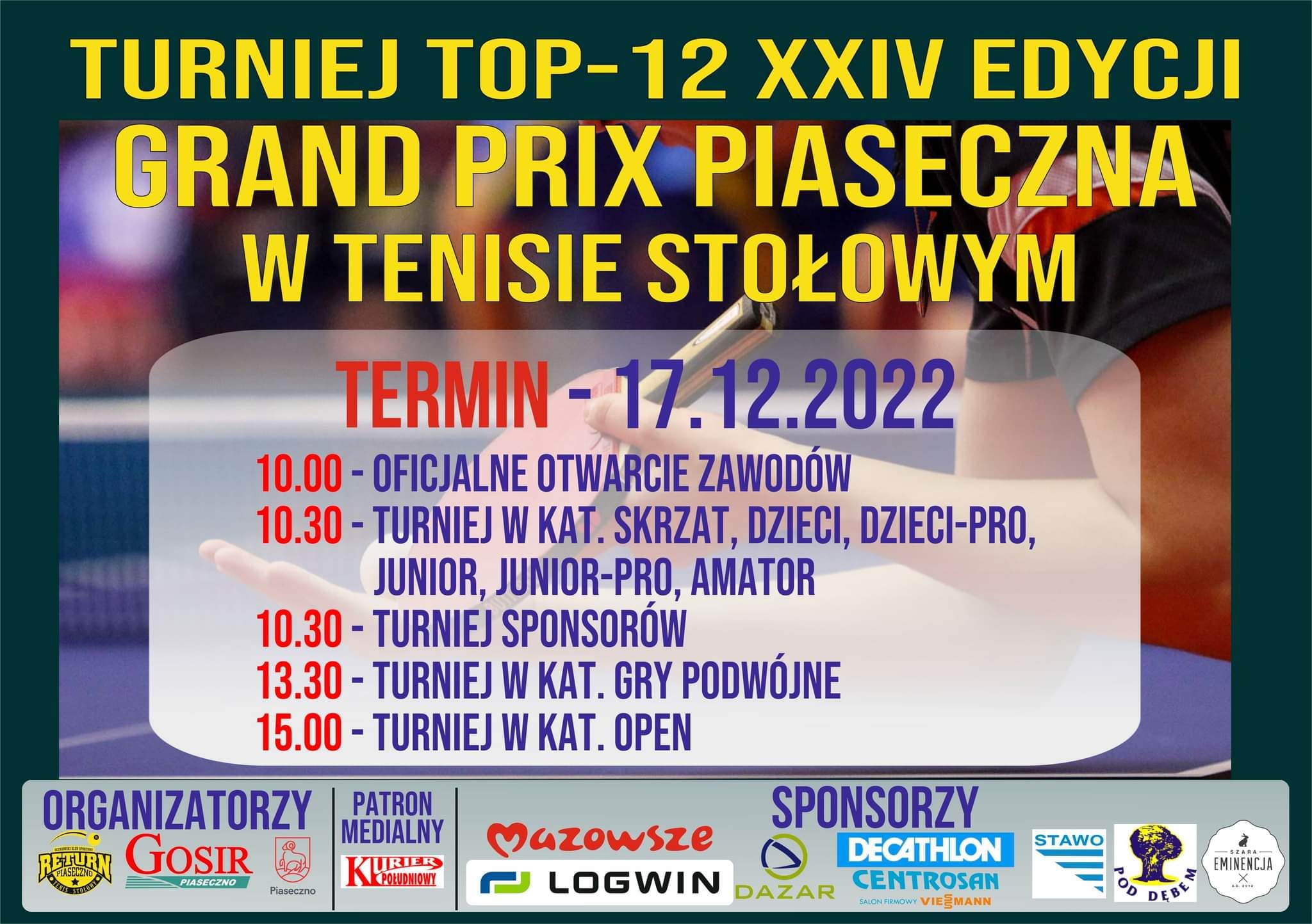 Plakat turnieju XXIV Grand Prix Piaseczna TOP 12 - grudzień 2022