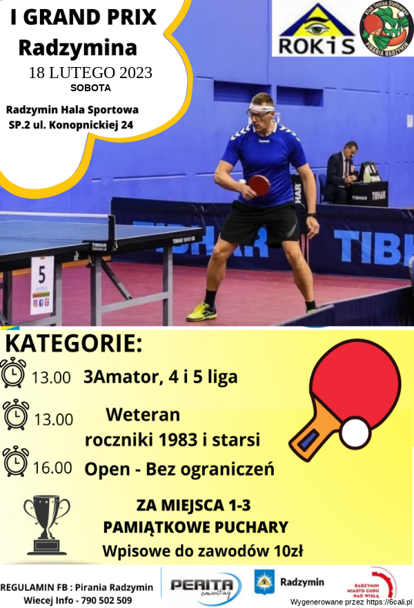 Plakat turnieju I Grand Prix Radzymina w tenisie stołowym sezonu 2022/2023 - termin 5