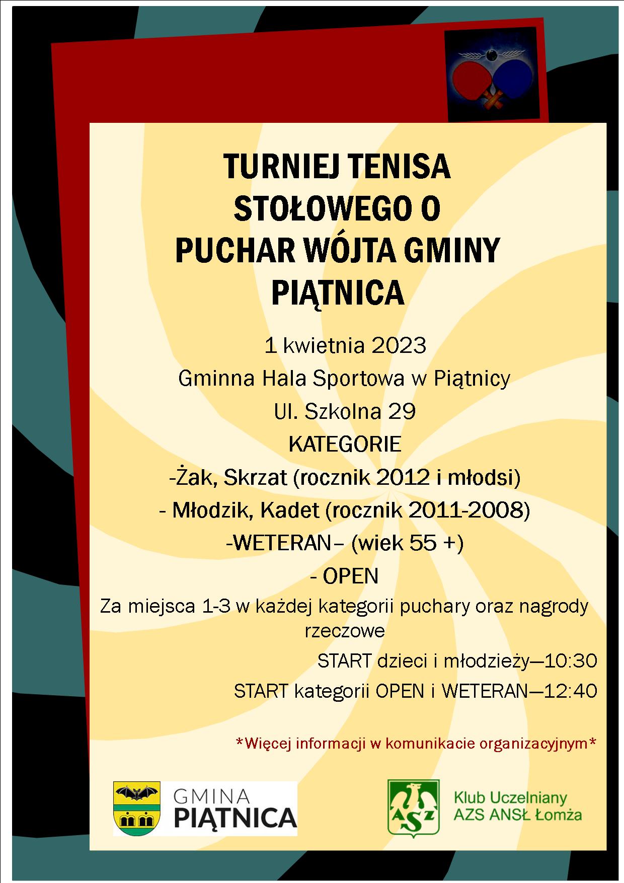 Plakat turnieju Turniej Tenisa Stołowego o Puchar Wójta Gminy Piątnica 2023