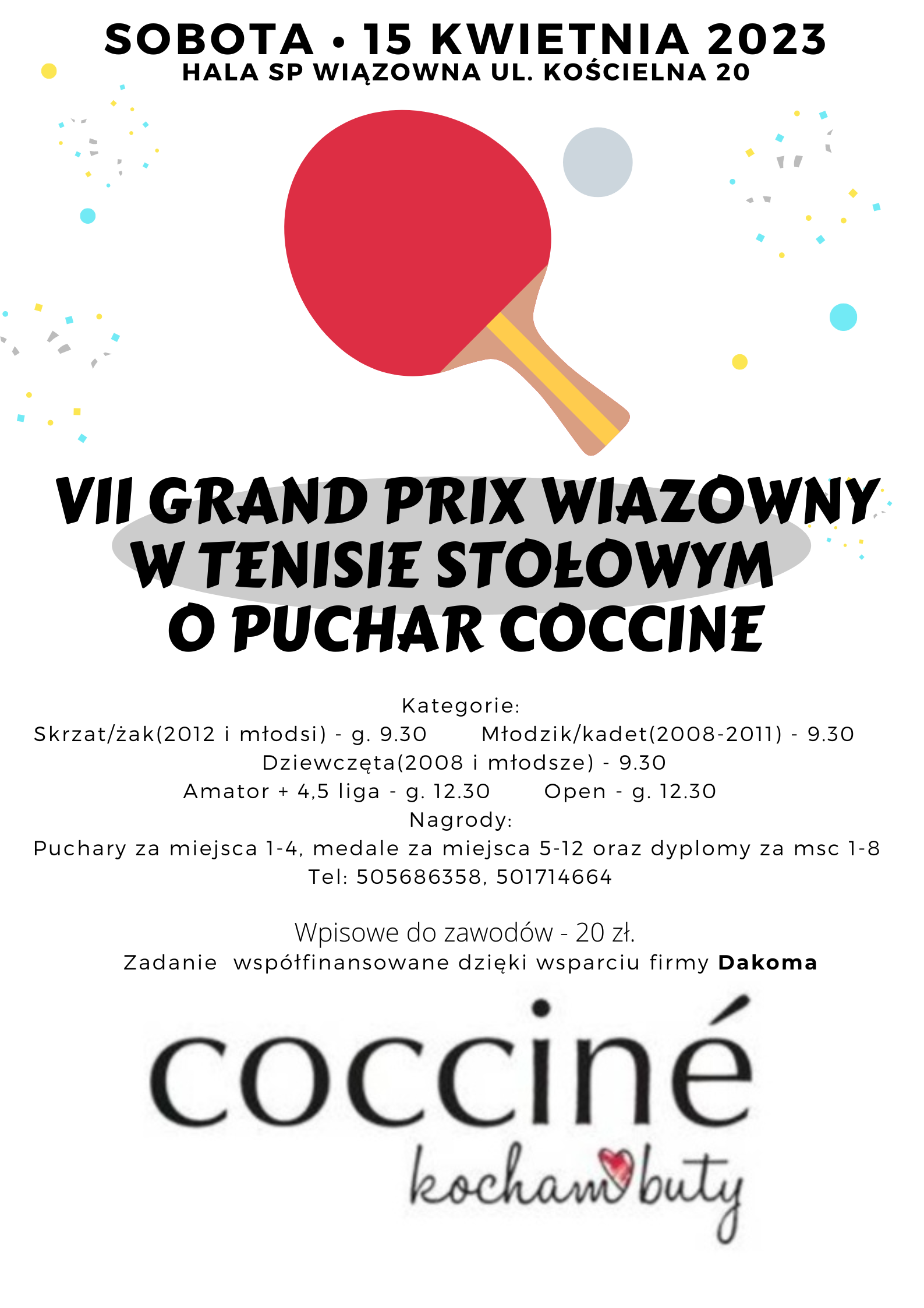Plakat turnieju VII Turniej Grand Prix Wiązowny w Tenisie Stołowym o puchar Coccine
