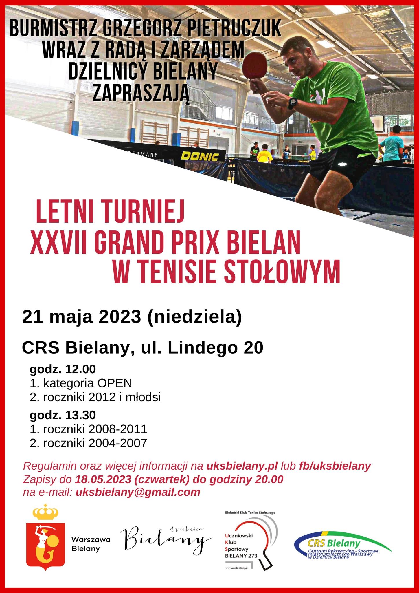 Plakat turnieju Letni Turniej XXVIII Grand Prix Bielan w Tenisie Stołowym -  2023