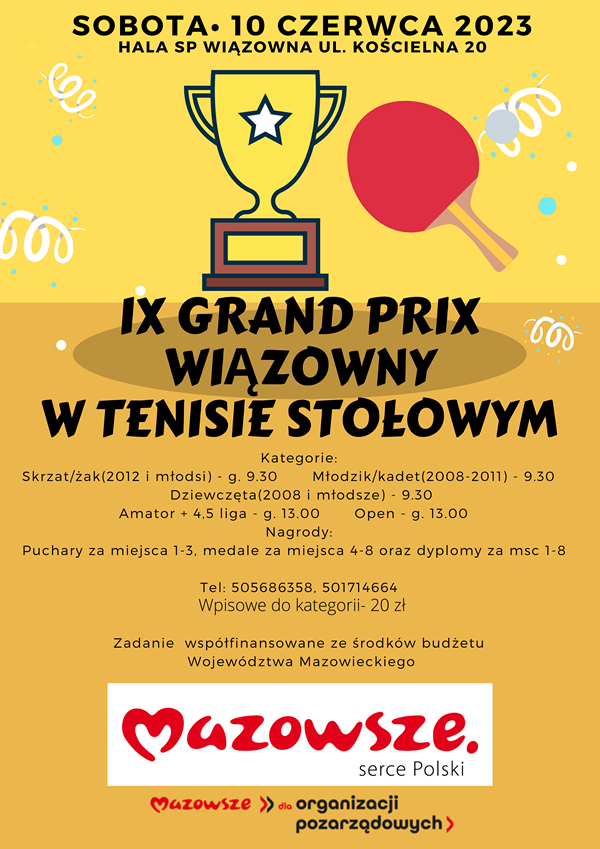 Plakat turnieju IX Turniej Grand Prix Wiązowny w Tenisie Stołowym