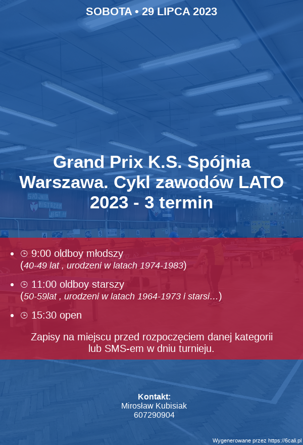 Plakat turnieju Grand Prix K.S. Spójnia Warszawa. Cykl zawodów LATO 2023 - 3 termin