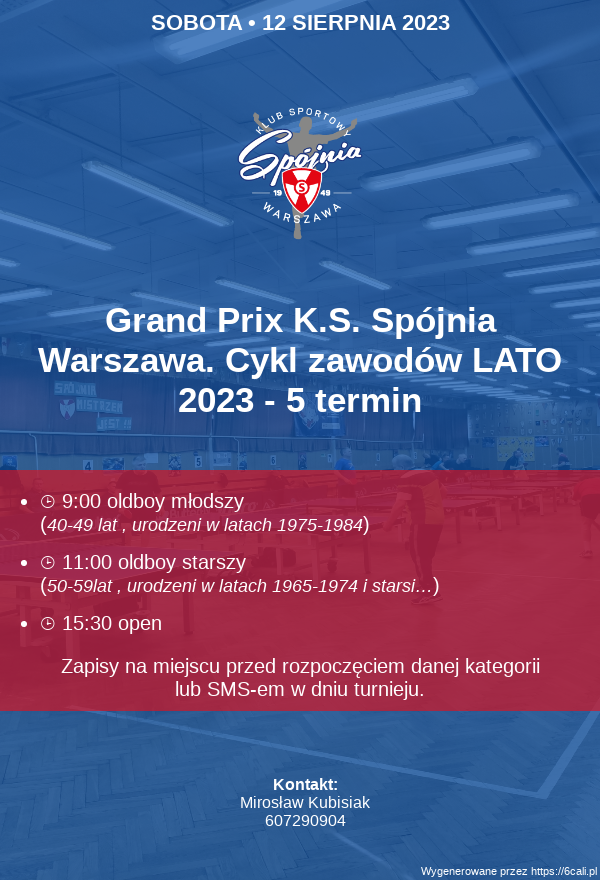 Plakat turnieju Grand Prix K.S. Spójnia Warszawa. Cykl zawodów LATO 2023 - 5 termin