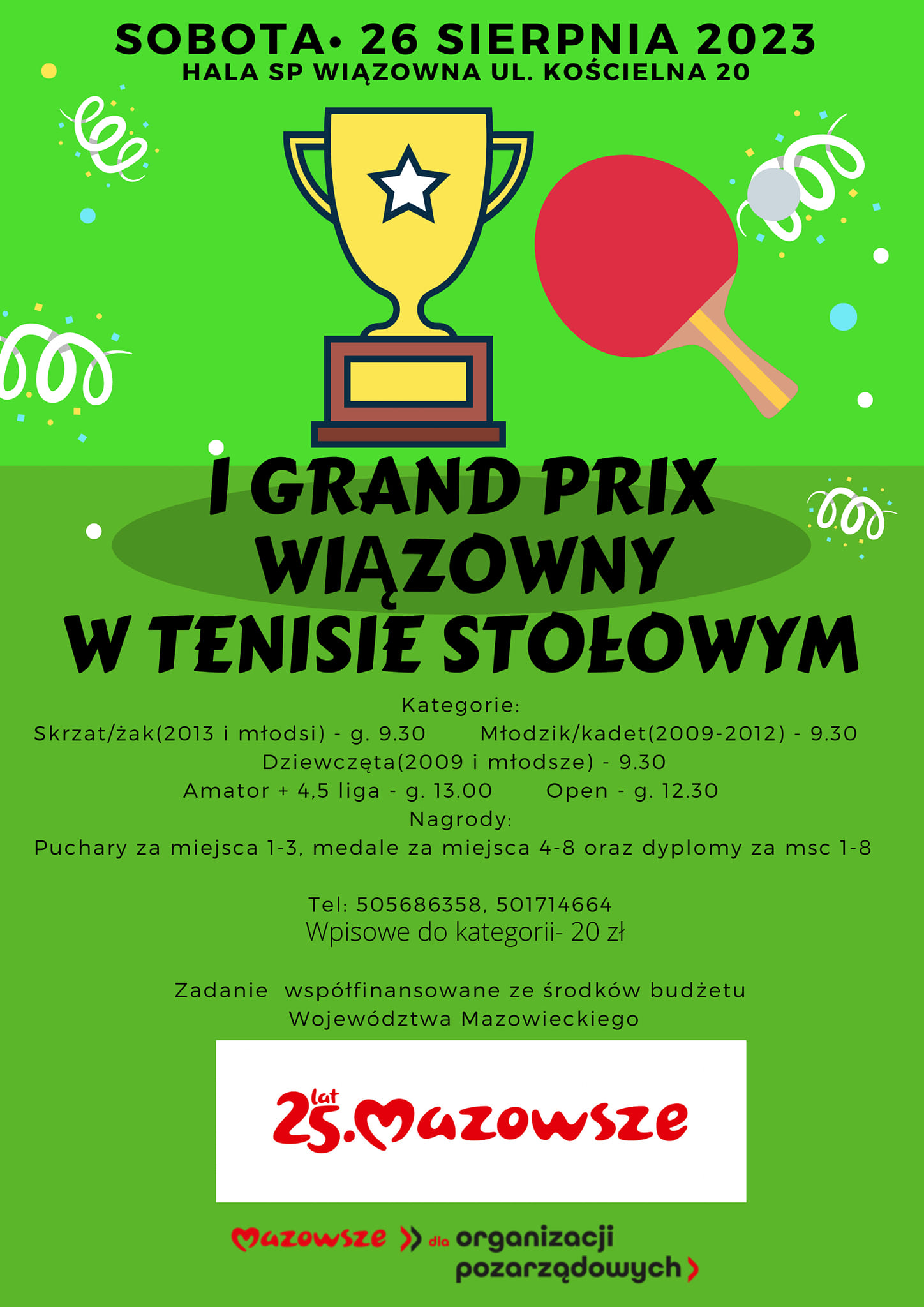 Plakat turnieju I Turniej Grand Prix Wiązowny w Tenisie Stołowym 2023/2024