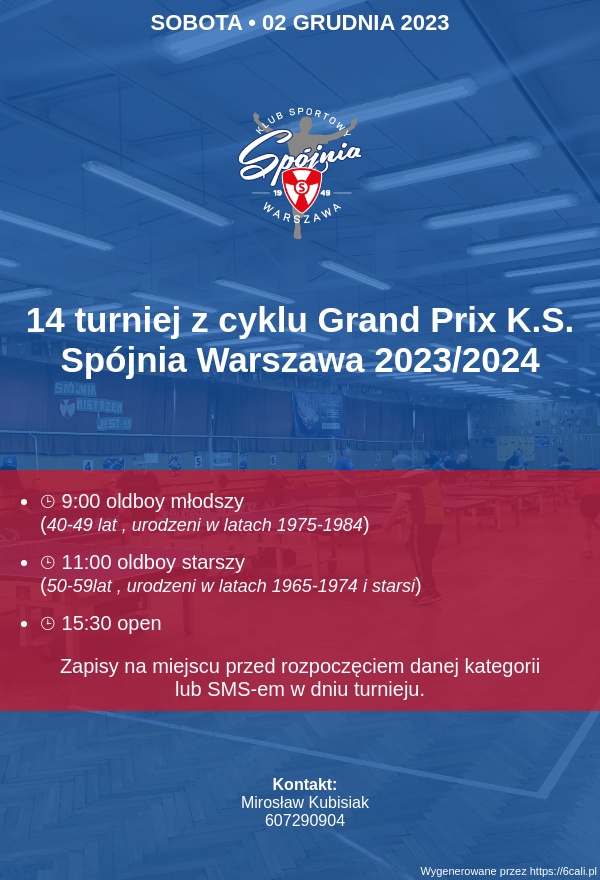 Plakat turnieju 14 turniej z cyklu Grand Prix K.S. Spójnia Warszawa 2023/2024