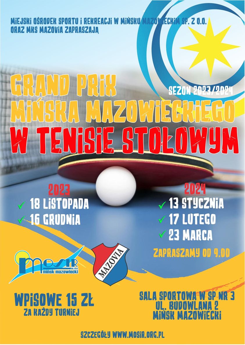 Plakat turnieju Grand Prix Mińska Mazowieckiego w tenisie stołowym 2023/2024 - termin 1