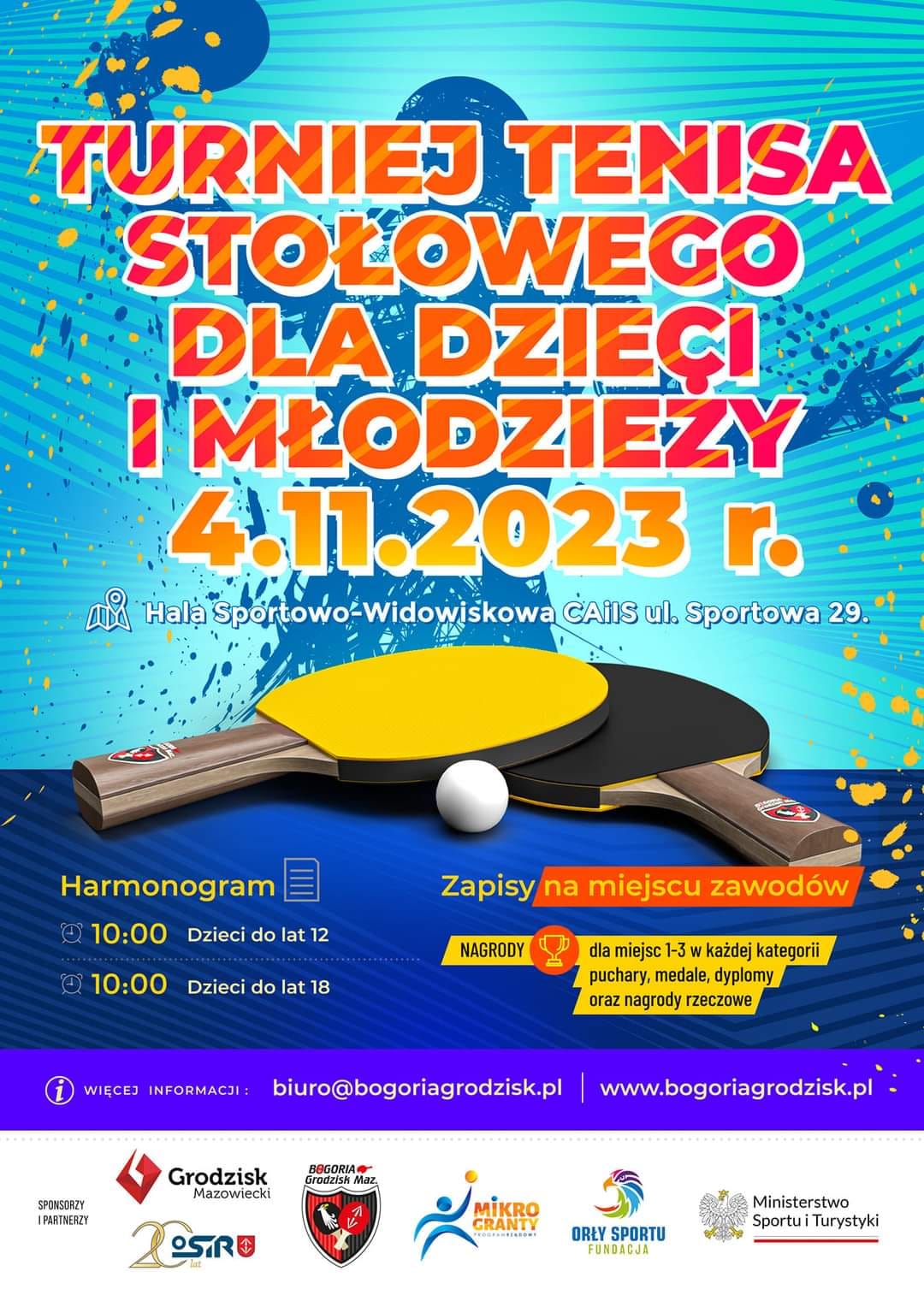 Plakat turnieju Turniej tenisa stołowego dla dzieci i młodzieży 2023