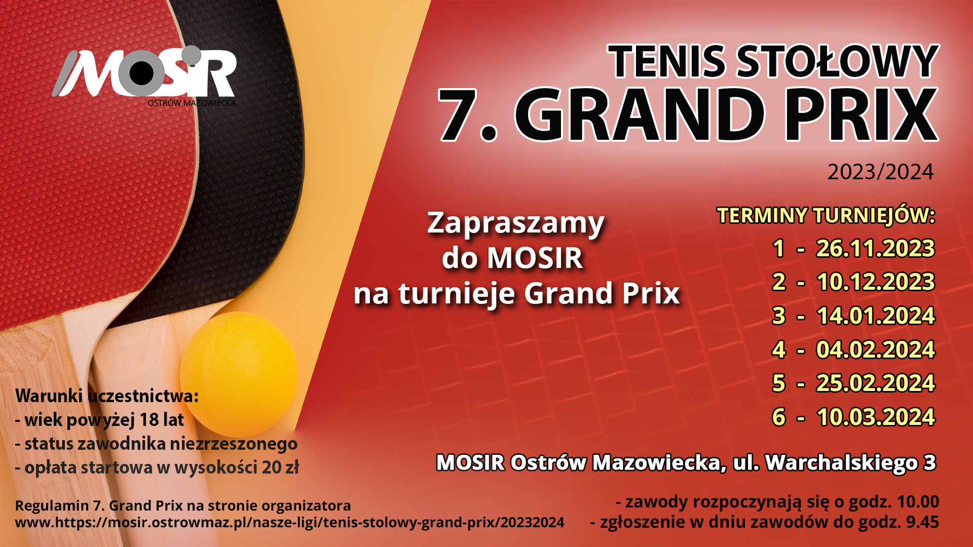 Plakat turnieju GRAND PRIX Ostrów Mazowiecki w tenisie stołowym amatorów 2023/2024 - turniej 1