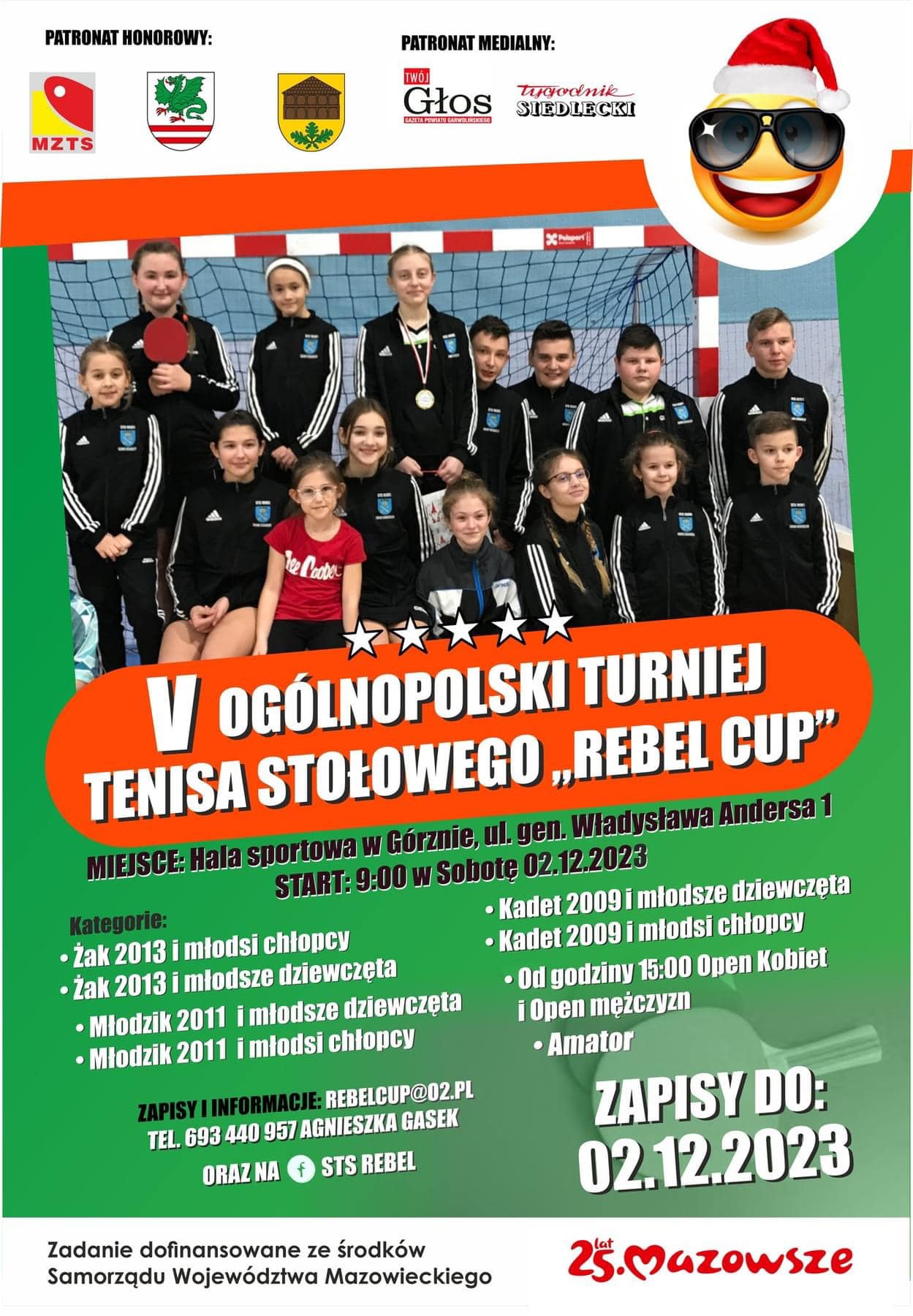 Plakat turnieju V OGÓLNOPOLSKI Turniej Tenisa Stołowego "REBEL CUP" 2023
