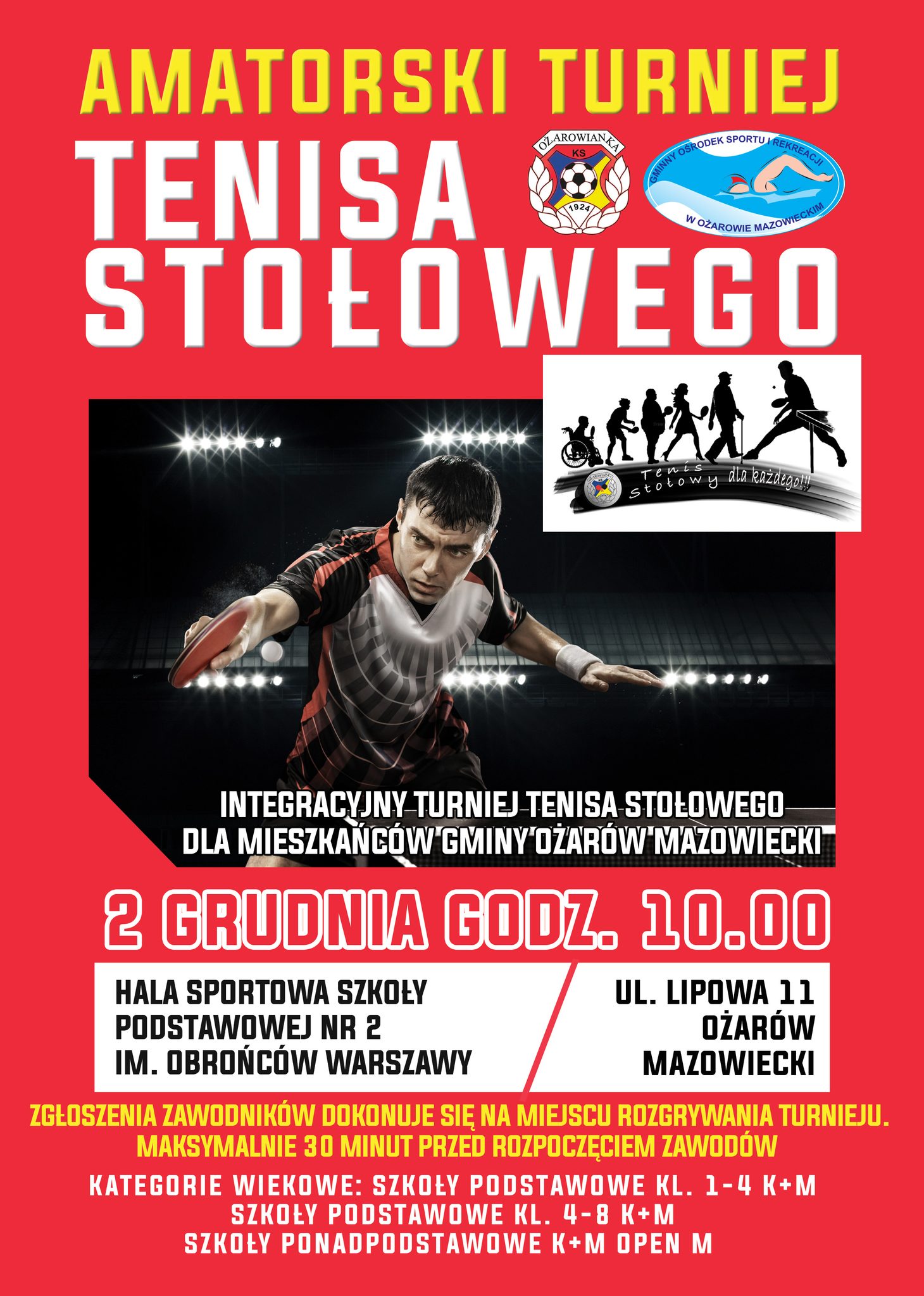 Plakat turnieju Integracyjny Turniej Tenisa Stołowego dla mieszkańców gminy "Ożarów Mazowiecki" 2023