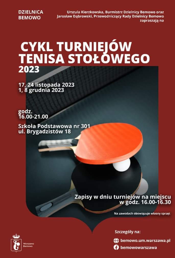Plakat turnieju Turnieje tenisa stołowego Bemowo - Brygadzistów (24 listopada 2023) - termin 2