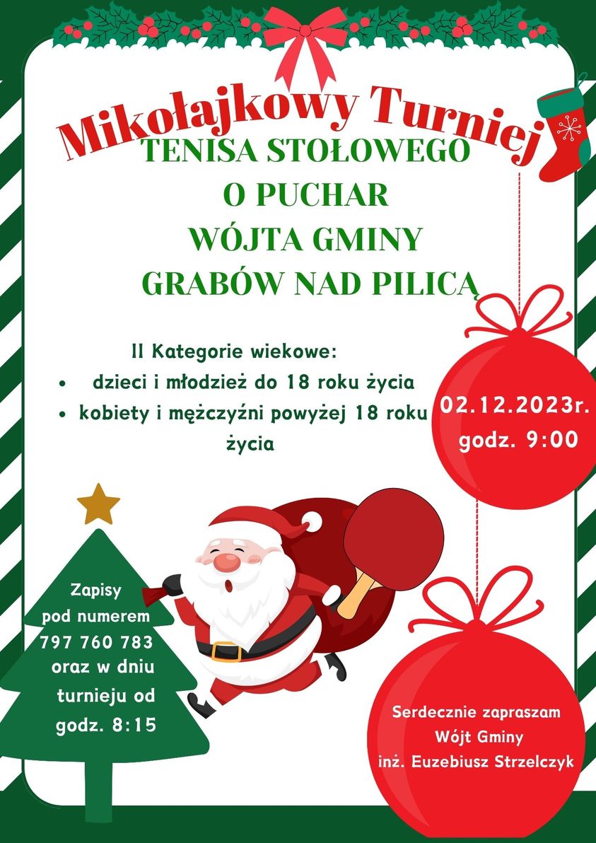 Plakat turnieju Mikołjakowy turniej tenisa stołowego o puchar wójta gminy Grabów nad Pilicą 2023