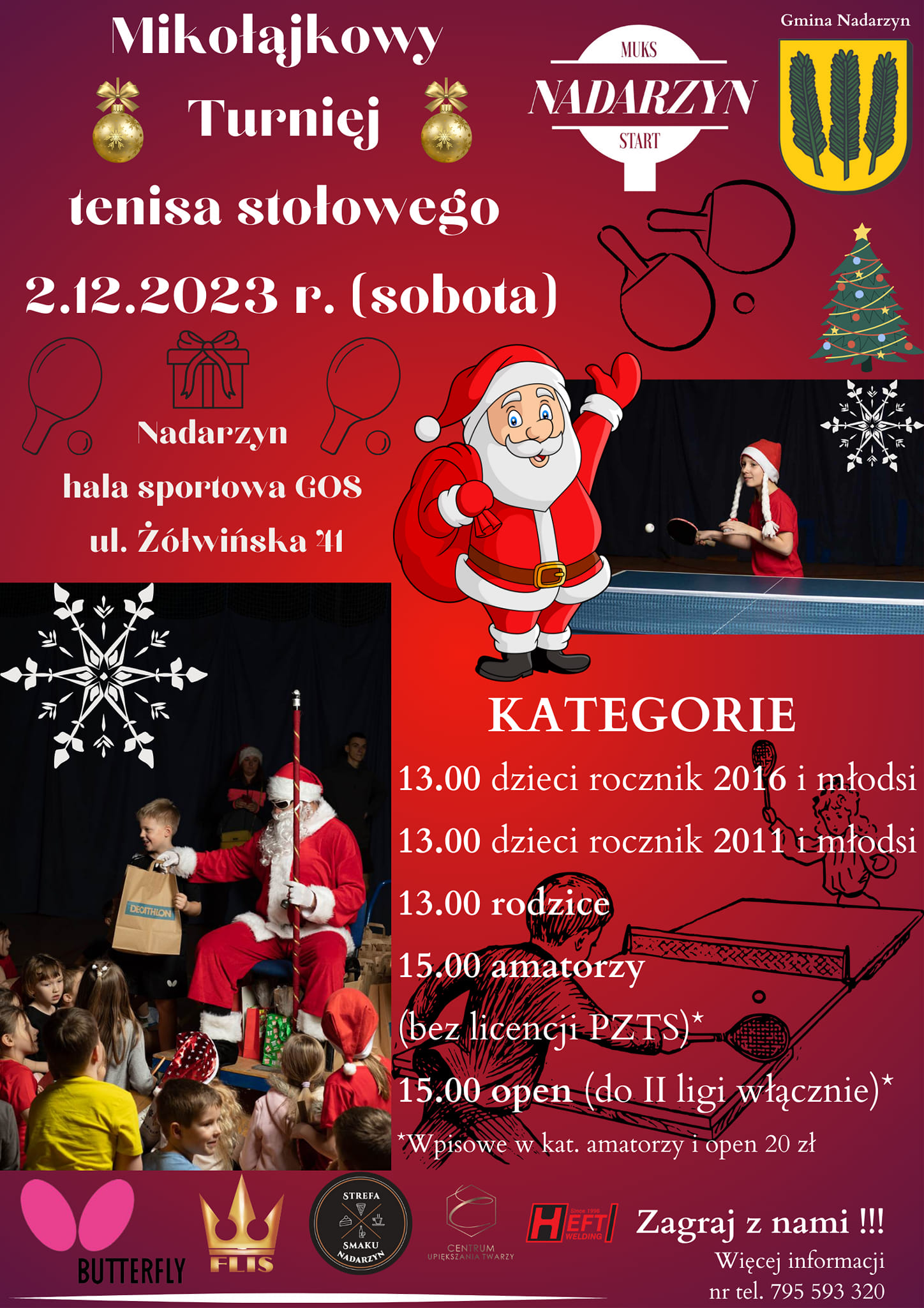 Plakat turnieju Mikołajkowy turniej tenisa stołowego Nadarzyn 2023
