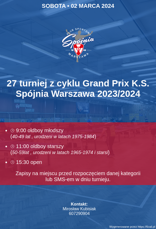 Plakat turnieju 27 turniej z cyklu Grand Prix K.S. Spójnia Warszawa 2023/2024