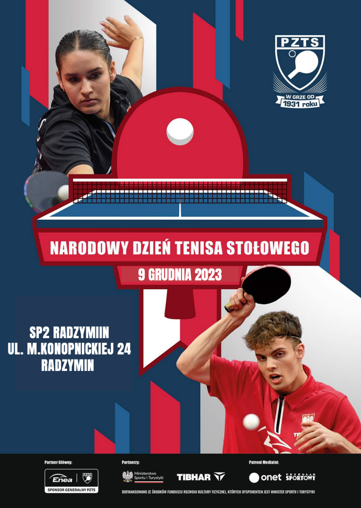 Plakat turnieju Narodowy Dzień Tenisa Stołowego, Radzymin, sobota 9 grudnia 2023