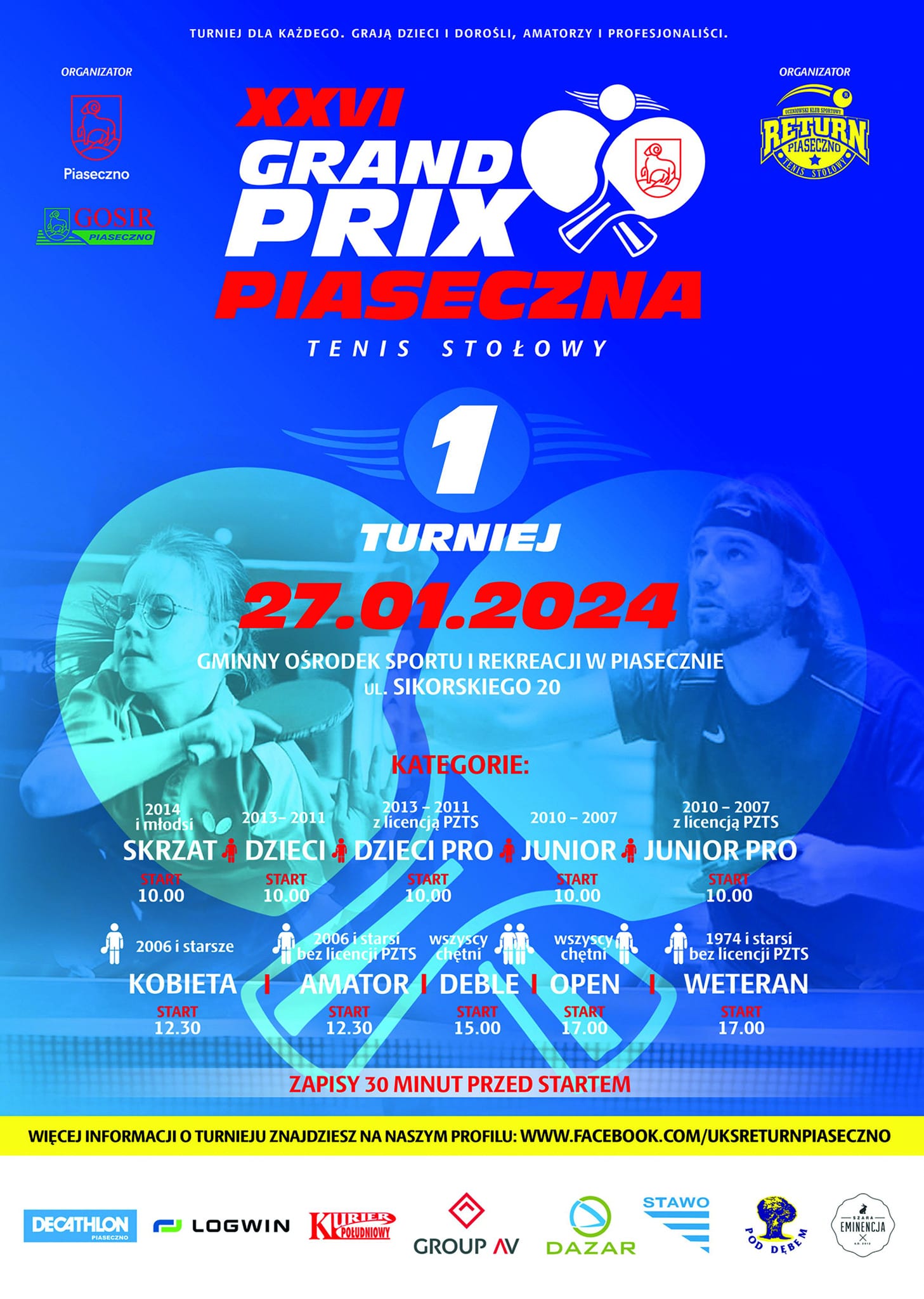 Plakat turnieju XXVI Grand Prix Piaseczna w tenisie stołowym - 1 turniej (styczeń 2024)