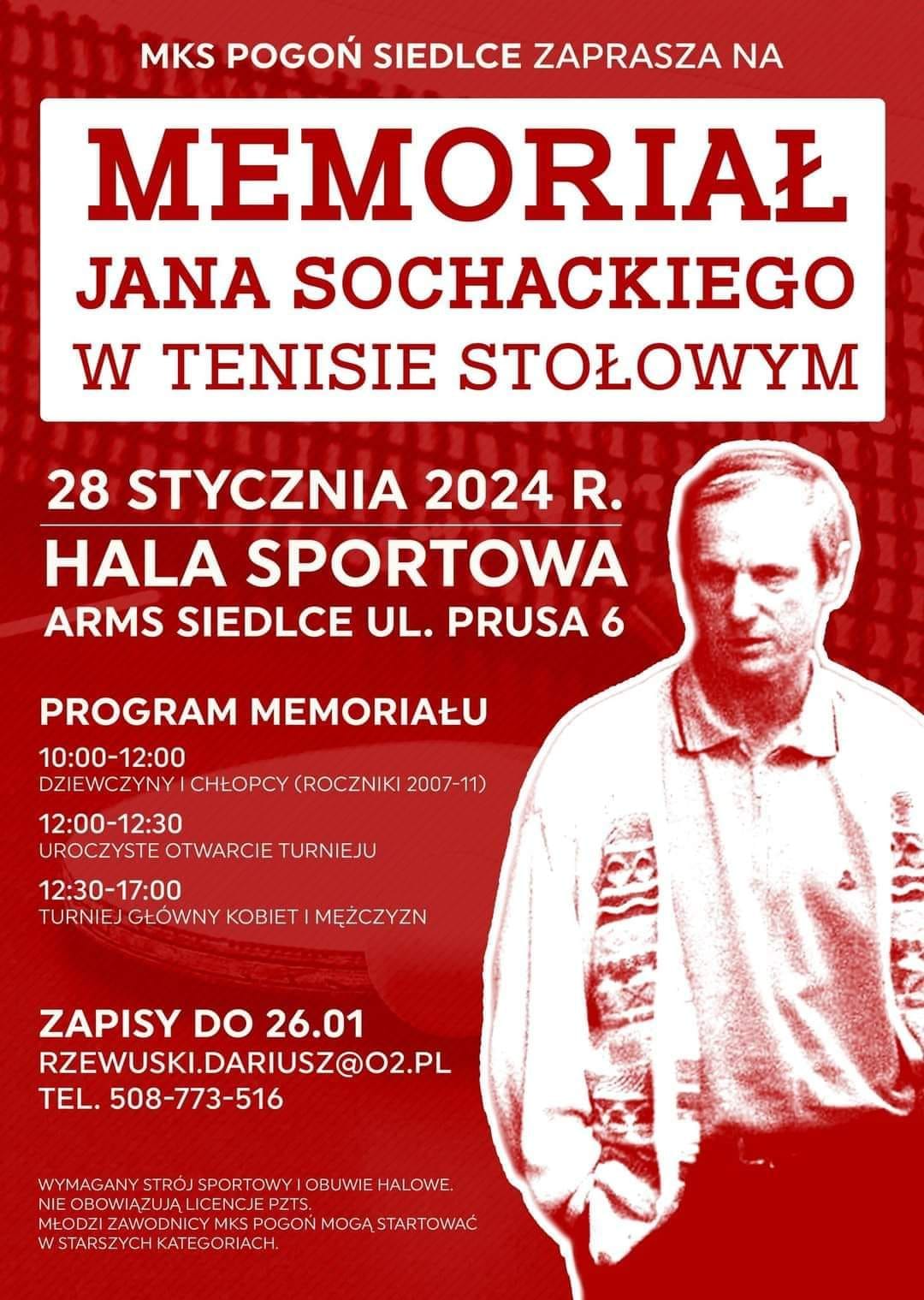 Plakat turnieju Memoriał Jana Sochackiego w Tenisie Stołowym 2024