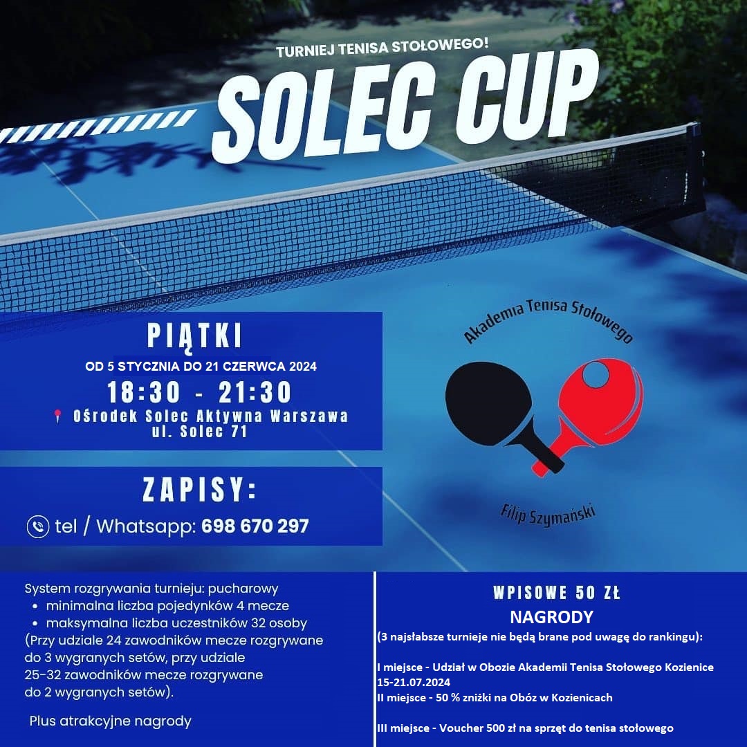 Plakat turnieju Turniej SOLEC CUP 2024 w każdy piątek o 18:30 - termin 7