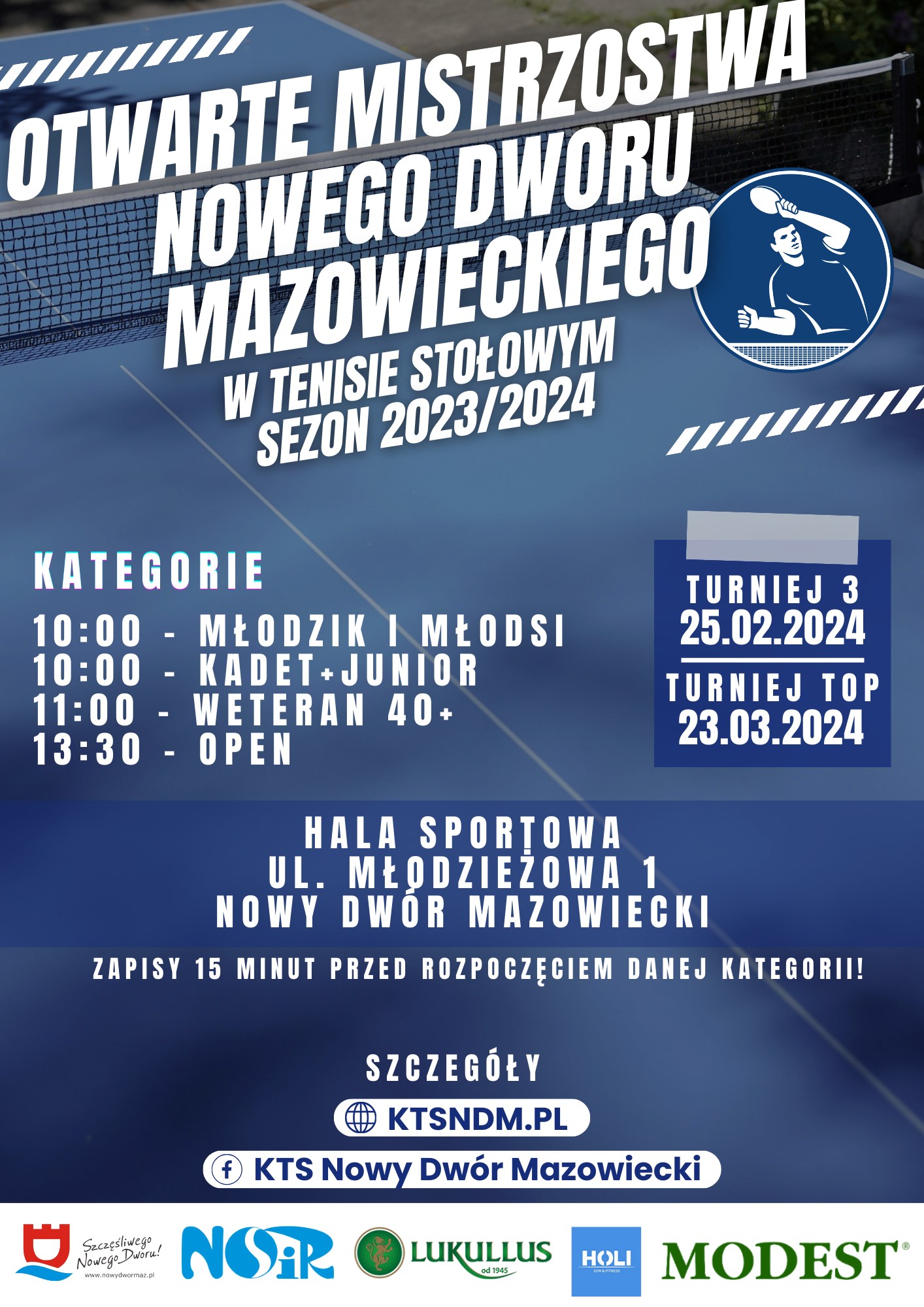 Plakat turnieju Otwarte Mistrzostwa Nowego Dworu Mazowieckiego w tenisie stołowym w sezonie 2023/2024 - 23.03.2024, turniej 4