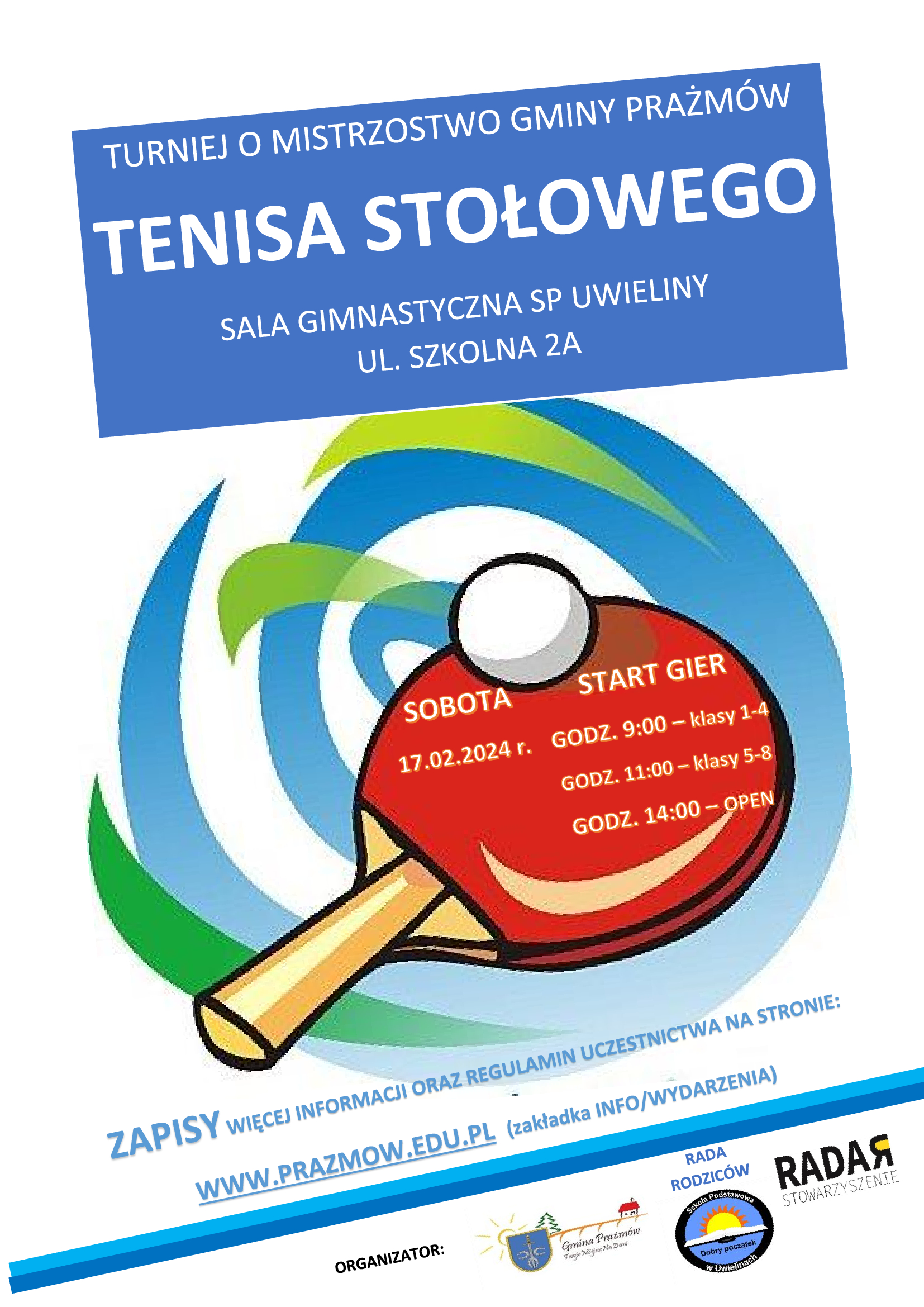 Plakat turnieju MISTRZOSTWA GMINY PRAŻMÓW W TENISIE STOŁOWYM _ 2024