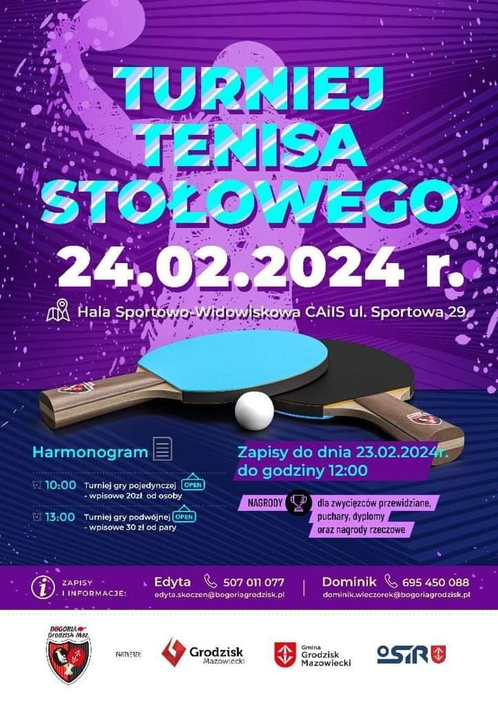 Plakat turnieju Turniej Tenisa Stołowego Grodzisk (24 luty 2024)