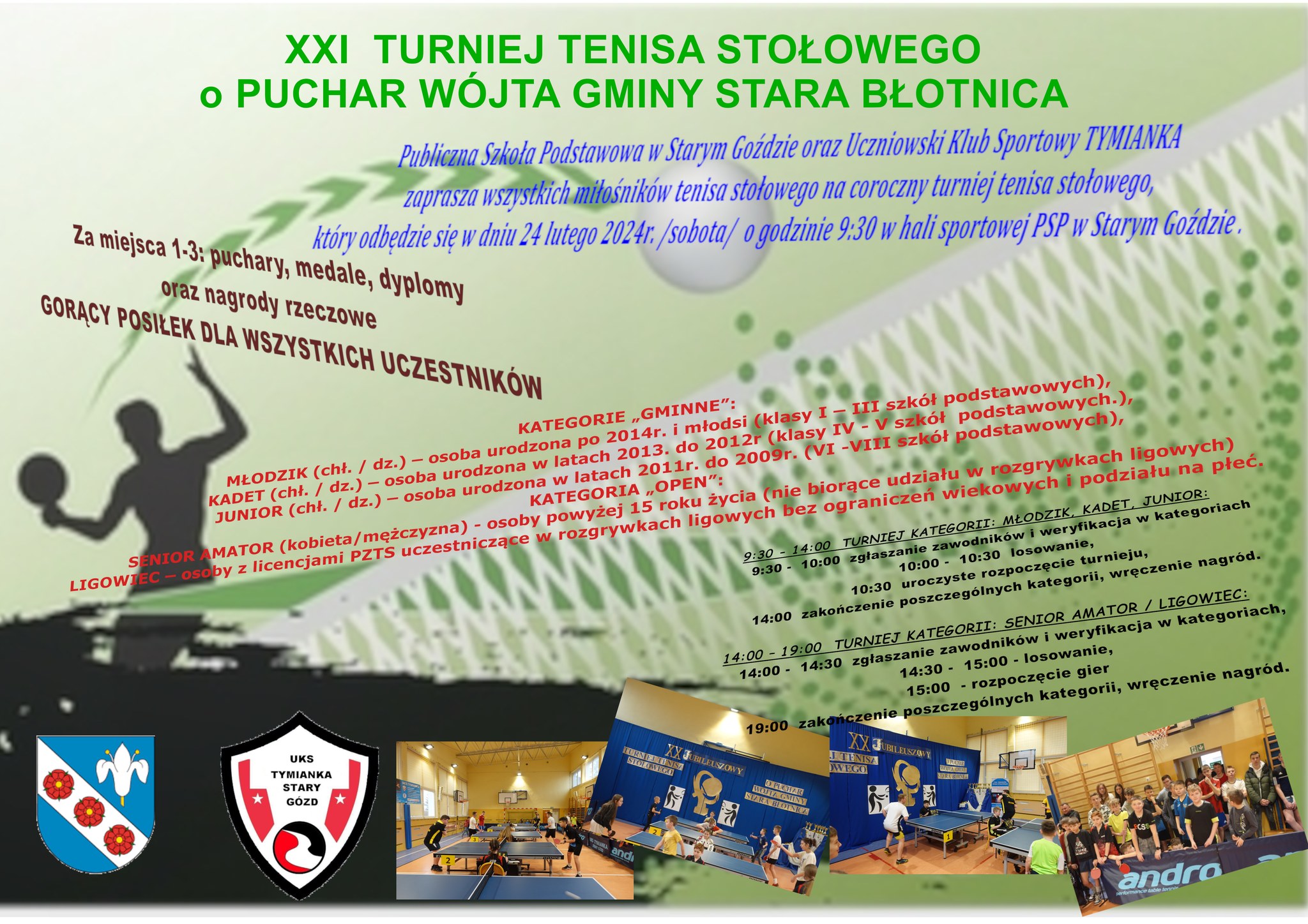 Plakat turnieju XXI TUrniej tenisa stołowego o Puchar Wójta Gminy Stara Błotnica  młodzik kadet junior