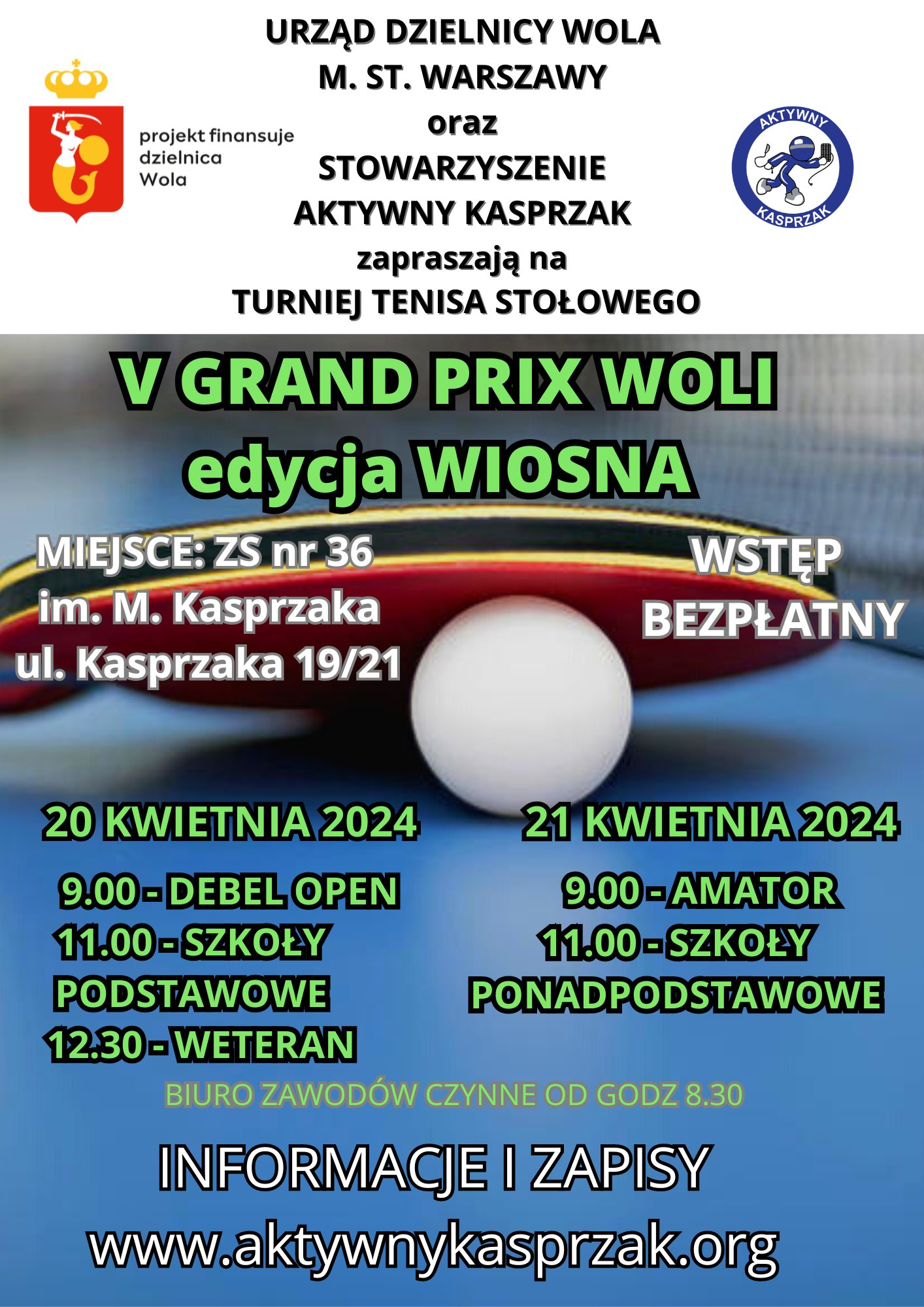 Plakat turnieju Turniej tenisa stołowego V GRAND PRIX WOLA edycja WIOSNA (20 kwietnia 2024)  (debel, open)