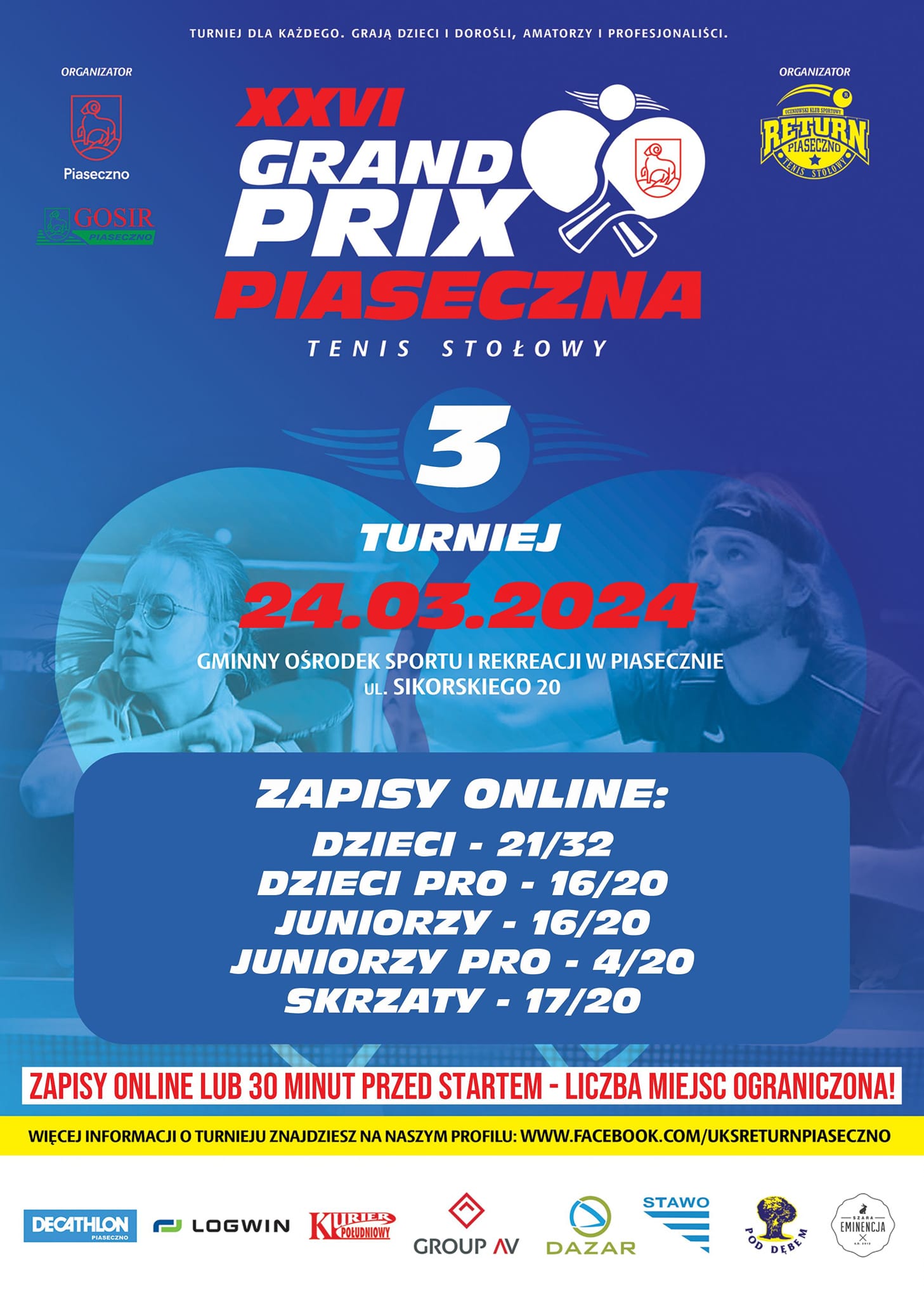 Plakat turnieju XXVI Grand Prix Piaseczna w tenisie stołowym - 3 turniej (marzec 2024)