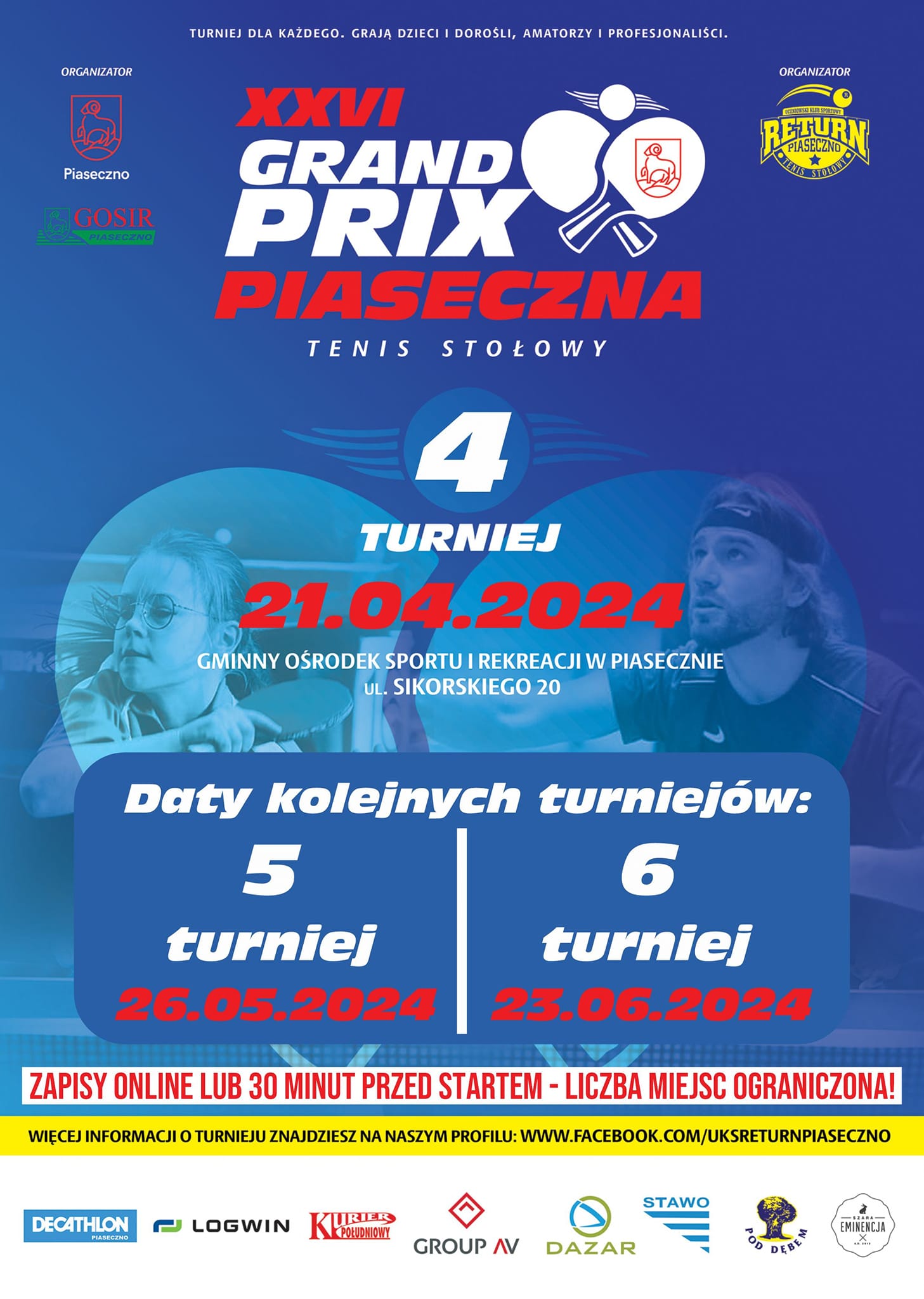 Plakat turnieju XXVI Grand Prix Piaseczna w tenisie stołowym - 4 turniej (kwiecień 2024)